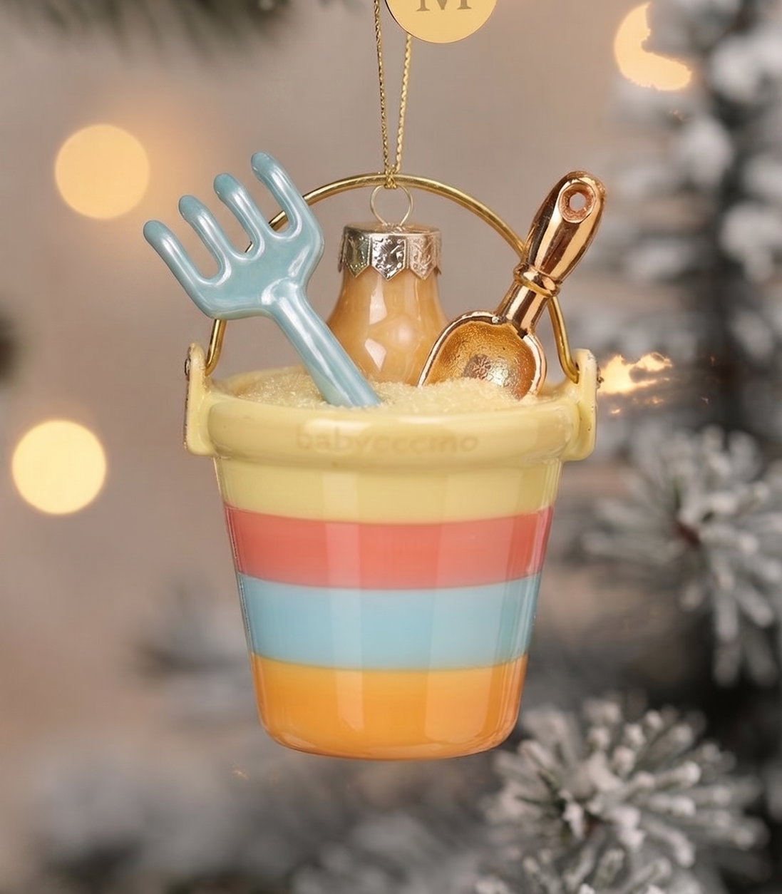 golden beach bucket and spade Christmas ornament, baby first beach trip
