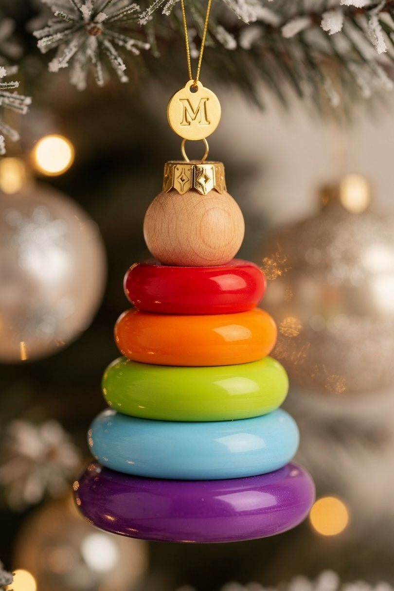 wooden stacking toy Christmas ornament, Montessori baby keepsake
