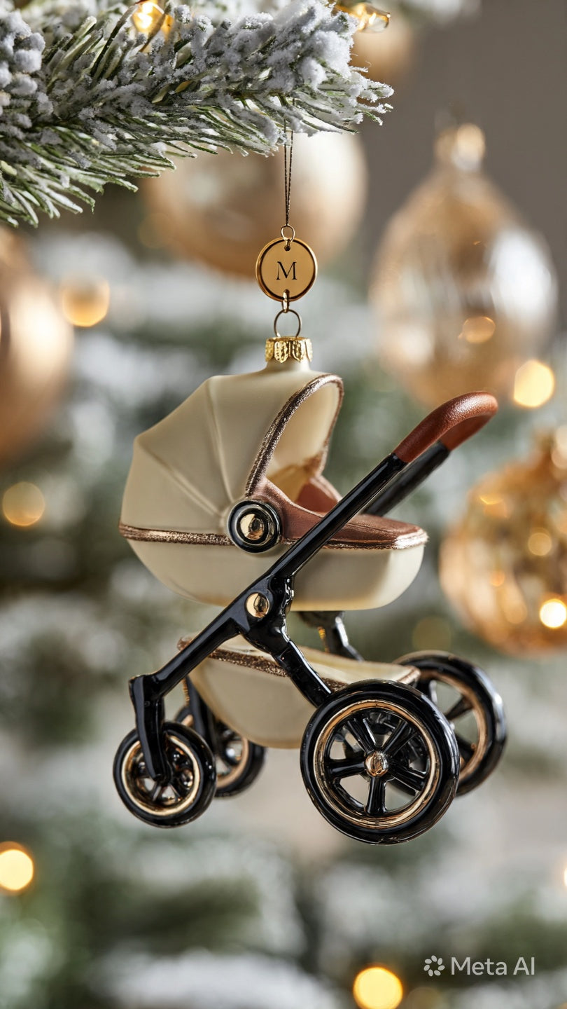 Golden baby stroller Christmas ornament hanging in tree, first Christmas keepsake