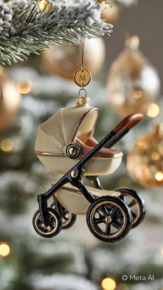 Golden baby stroller Christmas ornament hanging in tree, first Christmas keepsake